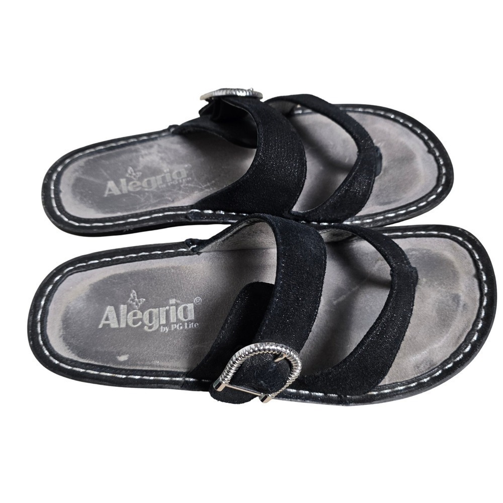 Alegria PG Lite Womens Size 37 US 7 Slide Sandals Adjustable Buckle Black Thong‎